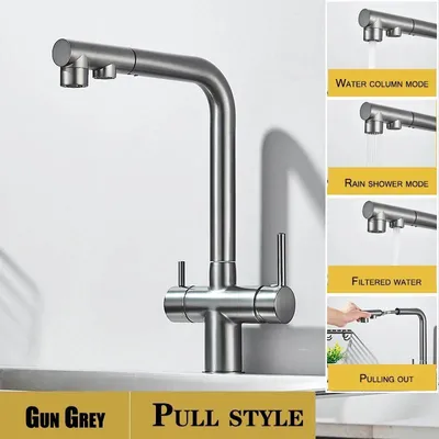 Immagine prodotto di Rubinetto da cucina con filtro dell'acqua - Rubinetto estraibile per lavello - Acqua calda e fredda - Bocchetta doppia girevole a 360° - Miscelatore a due manopole - Grigio gunmetal