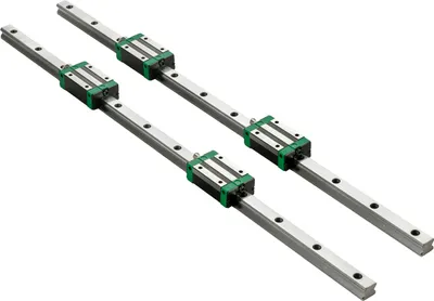 Two linear motion guide rails with bearing blocks on a white background.