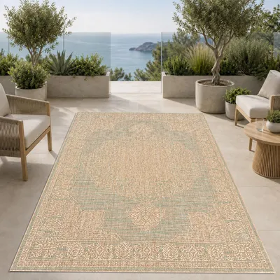 Immagine prodotto di Tappeto verde e marrone con motivo grafico, adatto sia per interni che per esterni, forma rotonda, diametro 160 cm