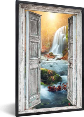 Produktbild von MuchoWow® Gerahmtes Poster Wasserfall - Aussicht - Landschaft 40x60 cm - Poster mit Schwarzem Bilderrahmen Wandposter Rahmen Foto Bilder - Papierdruck - Wandbilder