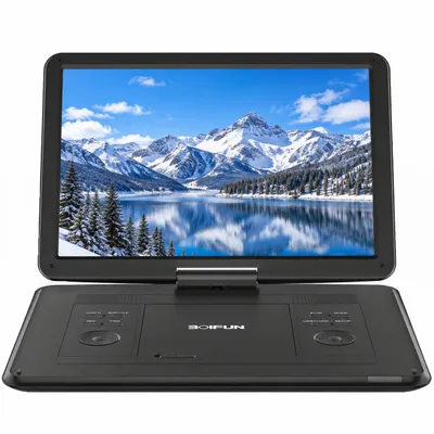 Productafbeelding van Draagbare DVD-speler met een 17,5-inch scherm en een 15,6-inch HD-display, voorzien van een oplaadbare batterij met een gebruiksduur van 6 uur, ondersteuning voor USB/SD-kaart/AV-verbinding, en synchronisatie met TV/projector