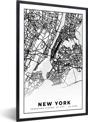 Produktbild von MuchoWow® Gerahmtes Poster New York - Stadtplan - Schwarz und weiß - Karte 60x90 cm - Poster mit Schwarzem Bilderrahmen Wandposter Rahmen Foto Bilder - Kunst