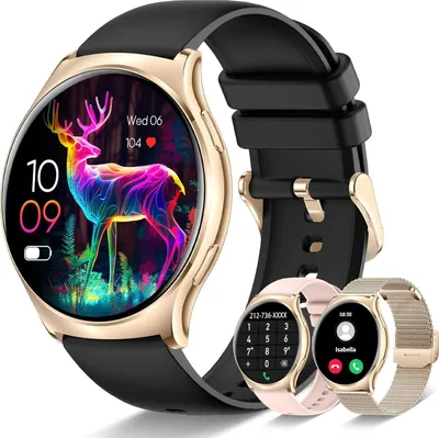 Produktbild von Smartwatch für Damen, rund, Anruf und Antwort, Sprachassistent, Fitness-Tracker, Sportuhr, Schrittzähler, mit Herzfrequenzmesser, Stoppuhr