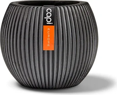 A dark gray, ribbed, spherical planter pot with an orange and white label attached.