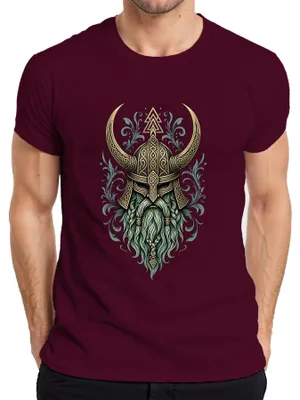Zdjęcie produktu dla Koszulka męska z motywem: Hełm wikinga, symbol Valknut, nordycka mitologia, Odyn, Thor. Kolor: bordo. Rozmiar: M