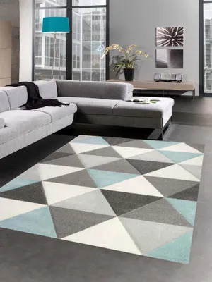 Image de Tapis de salon Triangle bleu gris crème Taille - 80x150 cm