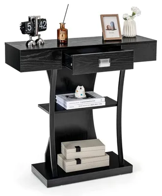 Immagine prodotto di Tavolino consolle a 3 ripiani con cassetto e vani portaoggetti, stile vintage, colore nero, dimensioni 91x30x88 cm
