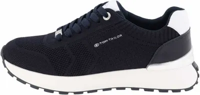 A side view of a navy blue Tom Tailor sneaker with a white sole.