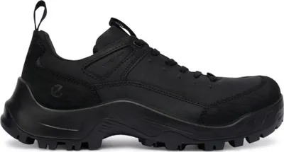 A black Ecco shoe is shown against a white background.