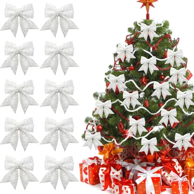 Produktbild von Weihnachtsschleife Weihnachtsbaumschleife Geschenkschleife - 14 x 12 cm - Glitzer - 10 Stück - Rot