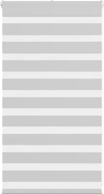 A roller blind with alternating horizontal stripes of light gray and white, shown fully extended.