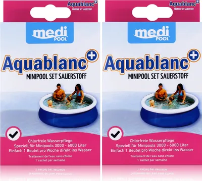 Two boxes of mediPOOL Aquablanc Minipool Set Sauerstoff packaging, each showing a small inflatable pool with people in it.