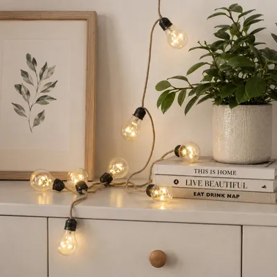 Produktbild von LED Lichterkette mit 10 Glühbirnen an Juteseil - warmweiße LED - L: 2,25m - Timer - Batterie