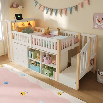 Produktbild von Flieks Etagenbett 90x200cm mit Led, Kinderbett Hochbett mit Ladefunktion, Kinder Hochbett mit Schubladen und Staufächern, Stockbett Holzbett Holzfarbe