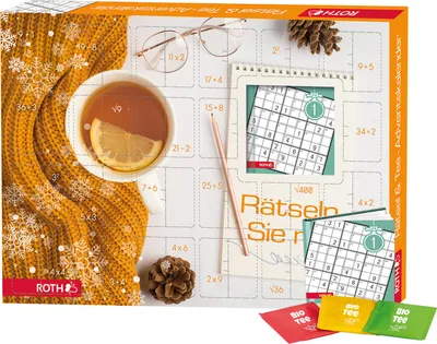 An advent calendar with puzzles and tea, set against a cozy, winter-themed backdrop.