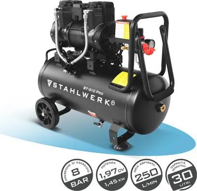 Immagine prodotto di Compressore STAHLWERK con serbatoio da 30 L (ST-310 Pro) - senza olio e silenzioso, 8 bar, compressore d'aria silenzioso con motori brushless, 1,97 hp, 1,45 kW, 250 l/min