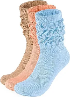 Produktbild von BRUBAKER 3x Slouch Socken - Damen Schoppersocken für Sport und Freizeit -Sportsocken - Scrunch Knit Baumwollsocken, Hellblau Beige Pfirsich, 39-42