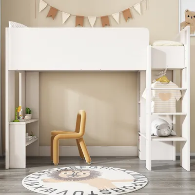 Produktbild von Hausbett mit Aufbewahrungsfächern Kleiderschrank offenen Regaleinheiten und Treppe Hochbett Kinderbett Einzelbett 90 x 200 cm Weiß