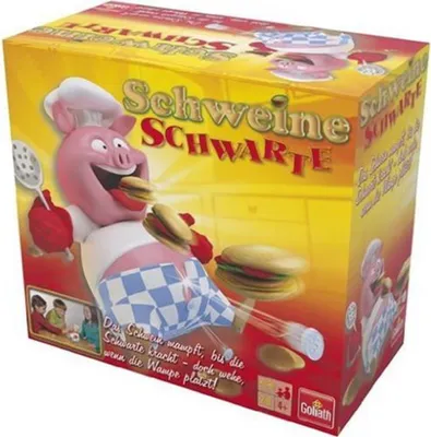 A box of the board game 'Schweine Schwarte', showing a cartoon pig chef eating burgers.