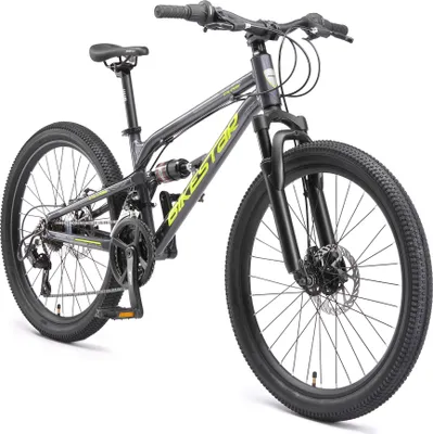 Produktbild von BIKESTAR Alu Kinder Jugend Mountainbike Vollgefedert, 21 Gang Shimano, 24 Zoll ab 9 - 10 Jahre | Fully MTB Scheibenbremse | Schwarz