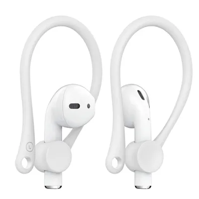 Two white ear hooks for AirPods are shown against a white background.