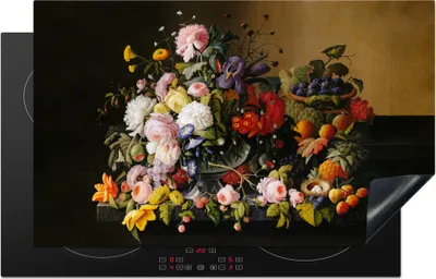 Produktbild von KitchenYeah© Herdabdeckplatte Stilleben mit Blumen und Früchten - Kunstwerk - Alte Meister , 83x51cm, Küche Deko, Glaskeramikkochfeld Herdabdeckung, Abdeckplatte fùr Kochfeld