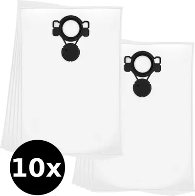 A stack of white vacuum cleaner bags with black connectors and a black circle overlay with '10x' text.