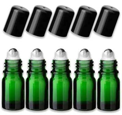 Produktbild von 5x Grüne Glasflasche 5 ml Roll-On mit schwarzem Verschluss Leer 18 mm
