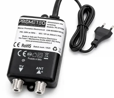 Immagine prodotto di Alimentatore Prometeo Electronics per amplificatori di antenna TV, 12 V, 200 mA, con connettore F
