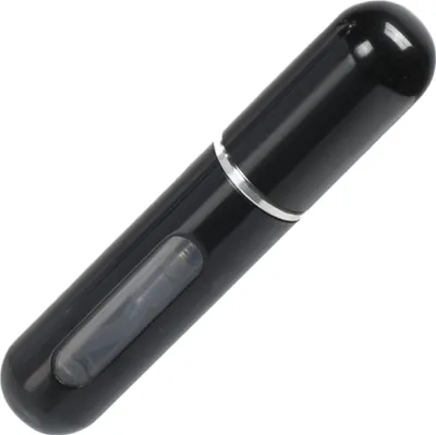 A black perfume atomizer on a white background.