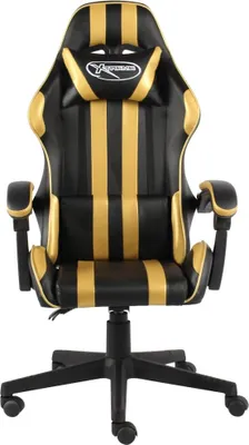 A black and gold gaming chair is shown from the front against a white background.