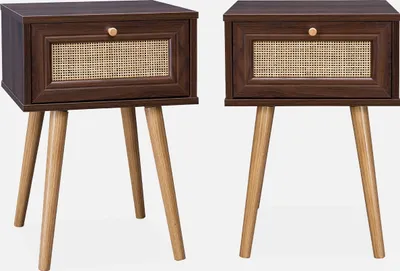Two identical dark wood nightstands with rattan drawer fronts and light wood legs are displayed against a white background.