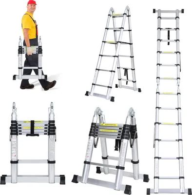 Obrázok produktu pre Jopassy teleskopický rebrík Výsuvný rebrík Skladací rebrík Stabilný hliníkový rebrík 1,9m+1,9m Strieborný bez hákov So stabilizátorom