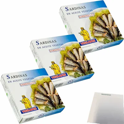 Produktbild von Vigilante Sardinen in Pflanzenöl, Sardinas en aceite vegetal 3er Pack (3x275g Dose) + usy Block