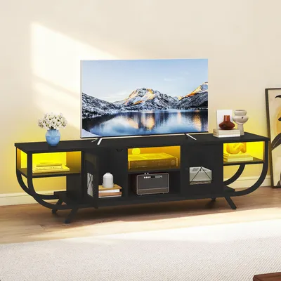 Produktbild von TV-Schrank für bis zu 65 Zoll mit LED-Leuchten, Aufbewahrungsschränken und offenen Regalen, Metallrahmen 160 x 35 x 45 cm