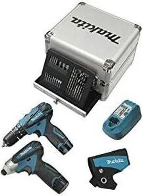 A set of Makita power tools and accessories laid out on a white background.