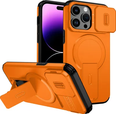 Produktbild von Magnetisch Hülle für iPhone 14 Pro Max, Dual Layer Stoßfest Handyhülle mit Dia Kameraschutz, Verstellbarem Ständer Orange