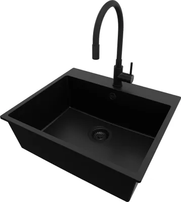 A black kitchen sink with a black faucet against a white background.