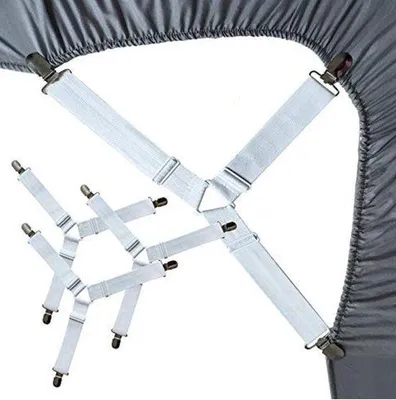 Productafbeelding van Unyqoos® WiseGoods set van 4 lakenspanners – verstelbare elastische banden met 3 metalen clips, 15–40 cm, wit – voor strakke, krezelvrije beddengoed