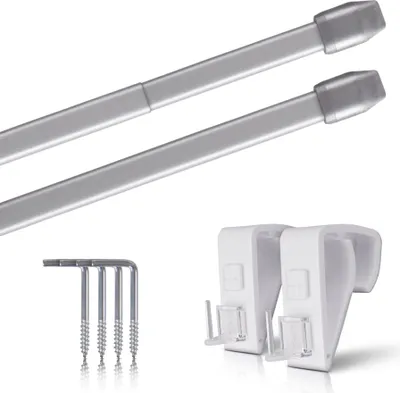 Produktbild von Vitragestangen Silber Chrom 40–60 cm ausziehbar (2er-Pack), Scheibenstange mit Klemmträger und Schraubhaken, für Küchen- & Bistrogardinen