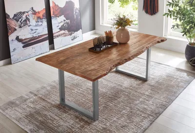Produktbild von Esstisch Dora 240 x 100 cm, Mangoholz massiv, lackiert & naturfarben, Baumkantentisch mit U-Metallgestell in Silber, echte Baumkante, 26 mm