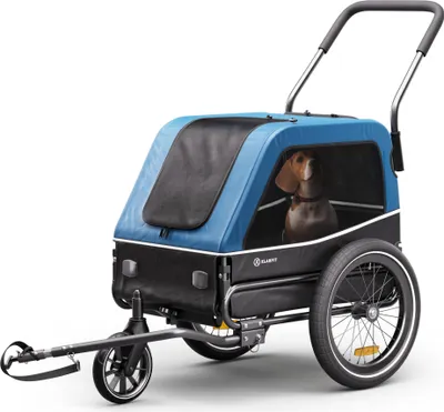 Produktbild von Klarfit Goldie S Fahrradanhänger Hunde, Hundefahrradanhänger, 360°-Vorderrad, Wasserabweisend, Doppelte Sicherheitsbefestigung, Reflektoren & Regenhaube, Max Belastung 45kg, Blau