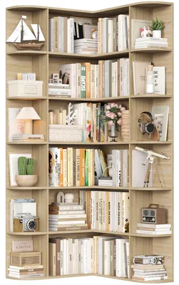 Image de Bibliothèque d'angle - Étagère en L 80 x 84 x 185 cm - 16 compartiments sur 7 niveaux - Étagère en bois pour bureau et salon - Chêne