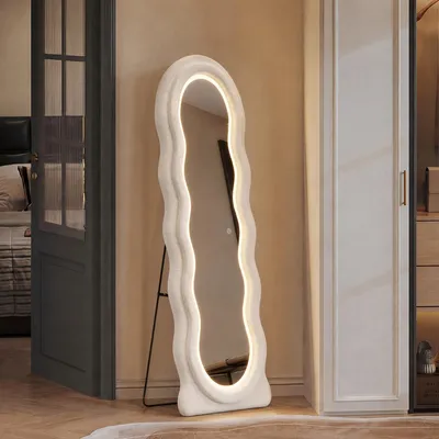 Produktbild von UnboxG Stehspiegel 150 × 45 cm Weiß mit LED-Beleuchtung, Ganzkörperspiegel in Wellenform mit Flanellbezug, 3 Lichtfarben, großer Standspiegel für Schlafzimmer und Wohnzimmer