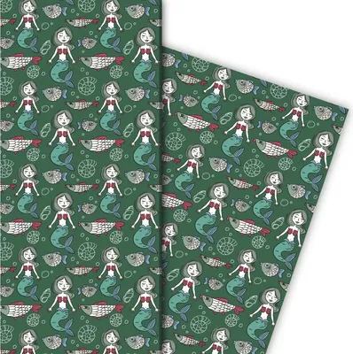 Produktbild von Retro Geschenkpapier mit kleiner Seejungfrau und Fischen auf grün - G7534, 32 x 48cm