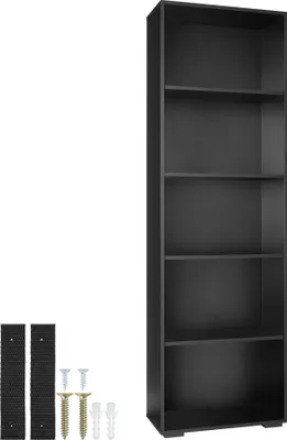 A tall, black bookshelf with multiple shelves is shown against a white background. To the left of the bookshelf are some mounting accessories, including two black straps and several screws and wall plugs.