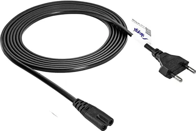 A black power cord coiled on a white background, with one end showing a European plug and the other a C7 connector.