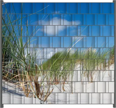 Produktbild von Wallario Zaunsichtschutz mit Motiv Düne am Strand unter blauem Himmel für Ein- und Doppelstabmatten Zäune in der Größe 200 x 180 cm