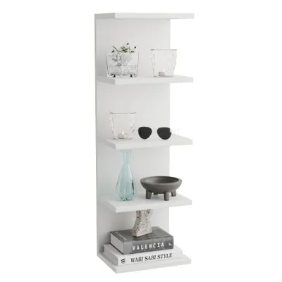 A white, multi-tiered hanging shelf with decorative items on each shelf.