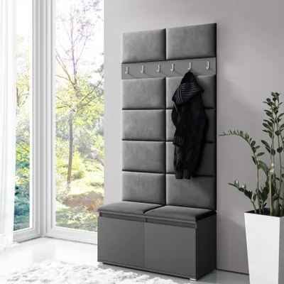 Produktbild von Garderoben-Set "Luka" mit Schuhregal und Polsterplatten, Ideal für Flur und Eingangsbereich (Graphit, Trinity 15)